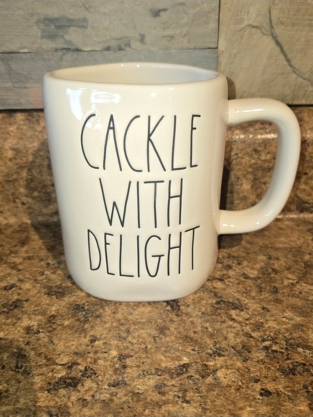 Rae Dunn White Mug with Black 'CACKLE WITH DELIGHT' Lettering Double Sided